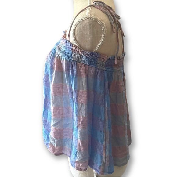 Loft | EUC Women’s Loft XS Pink Blue Plaid Smocked Tie Shoulder Cami Tank Top - Picture 4 of 7